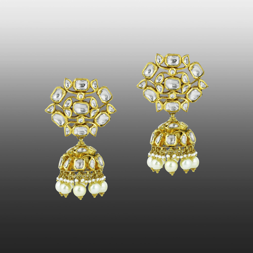 Floral Polki Jhumka Earrings with Pearl Drops